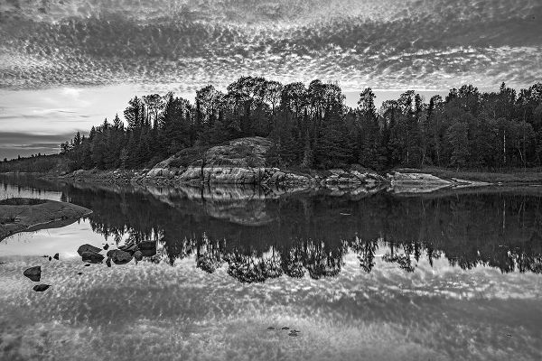 Canada-Ontario-Kenora District Black and white of clouds reflected in Middle Lake